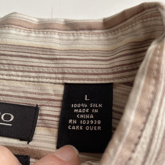 Murano Shirt Size Large Brown Tan Striped Short Sleeve Camp 100% Silk Button Up - Picture 6 of 7
